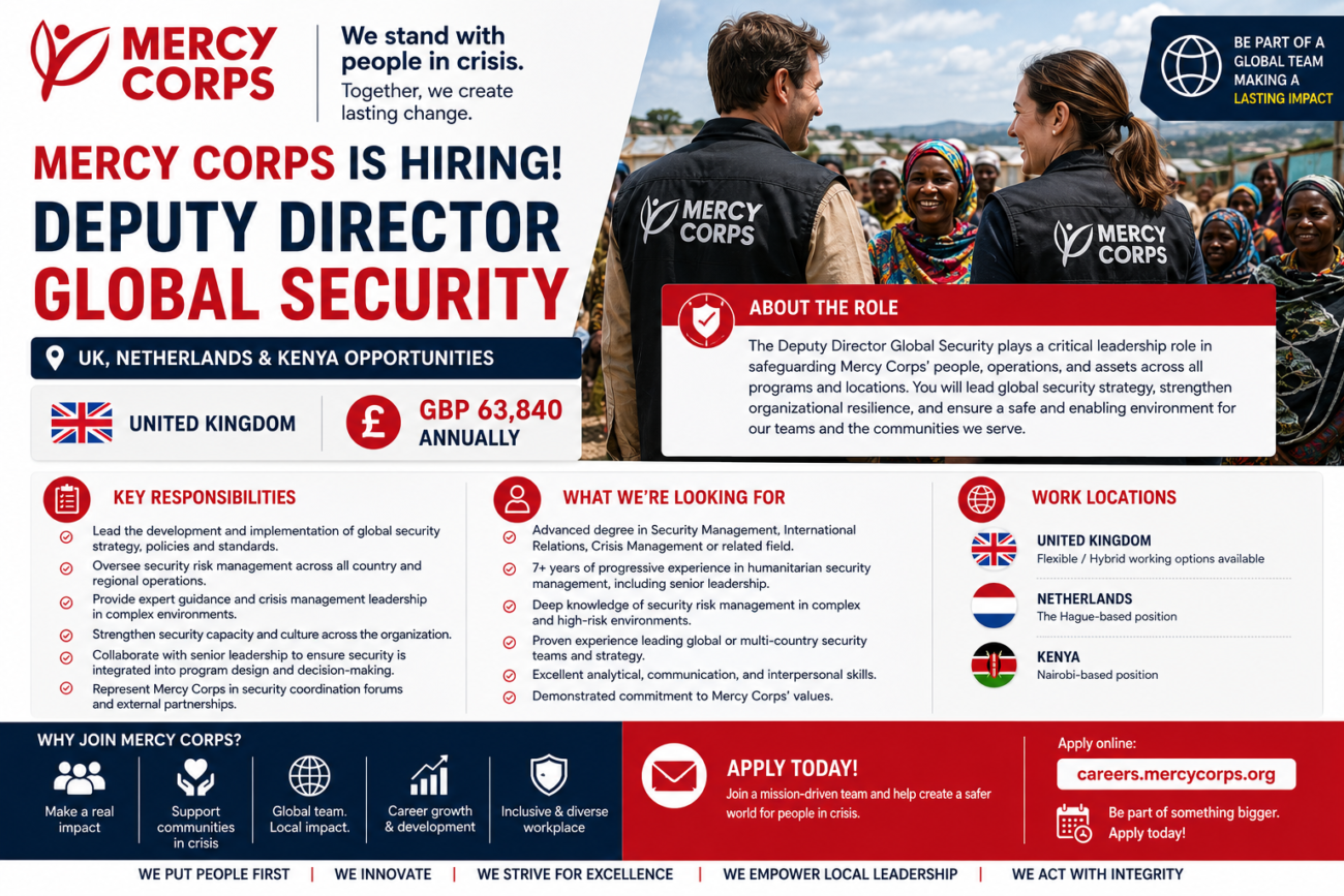 Mercy Corps Hiring Deputy Director Global Security | UK, Netherlands & Kenya Opportunities United Kingdom 🇬🇧 GBP 63,840 Annually