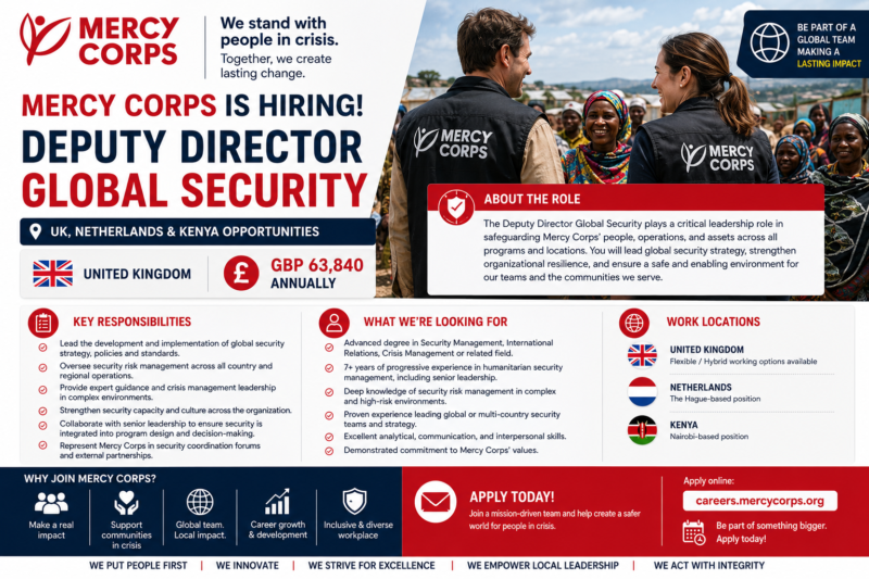 Mercy Corps Hiring Deputy Director Global Security | UK, Netherlands & Kenya Opportunities