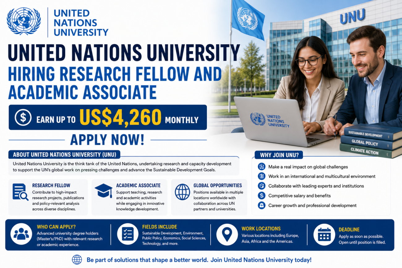 United Nations University Hiring Research Fellow and Academic Associate | Earn Up to US$4,260 Monthly.