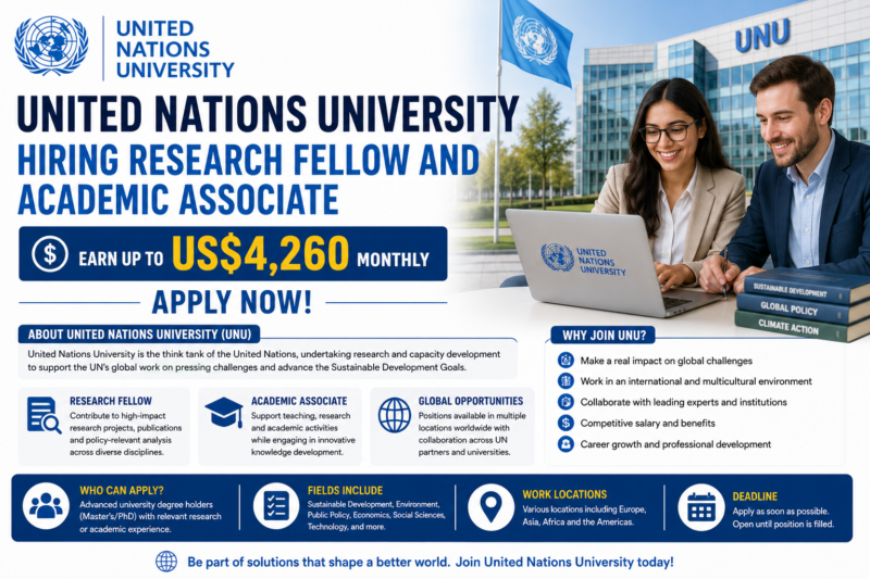 United Nations University Hiring Research Fellow and Academic Associate | Earn Up to US$4,260 Monthly.