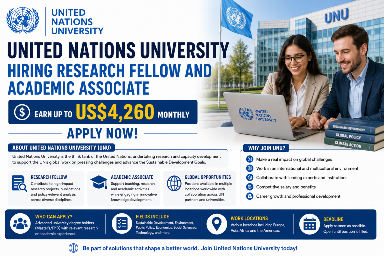 United Nations University Hiring Research Fellow and Academic Associate | Earn Up to US$4,260 Monthly. Apply Now!