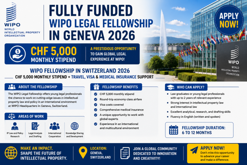 Fully Funded WIPO Legal Fellowship in Geneva 2026 | CHF 5,000 Monthly Stipend. Apply Now!