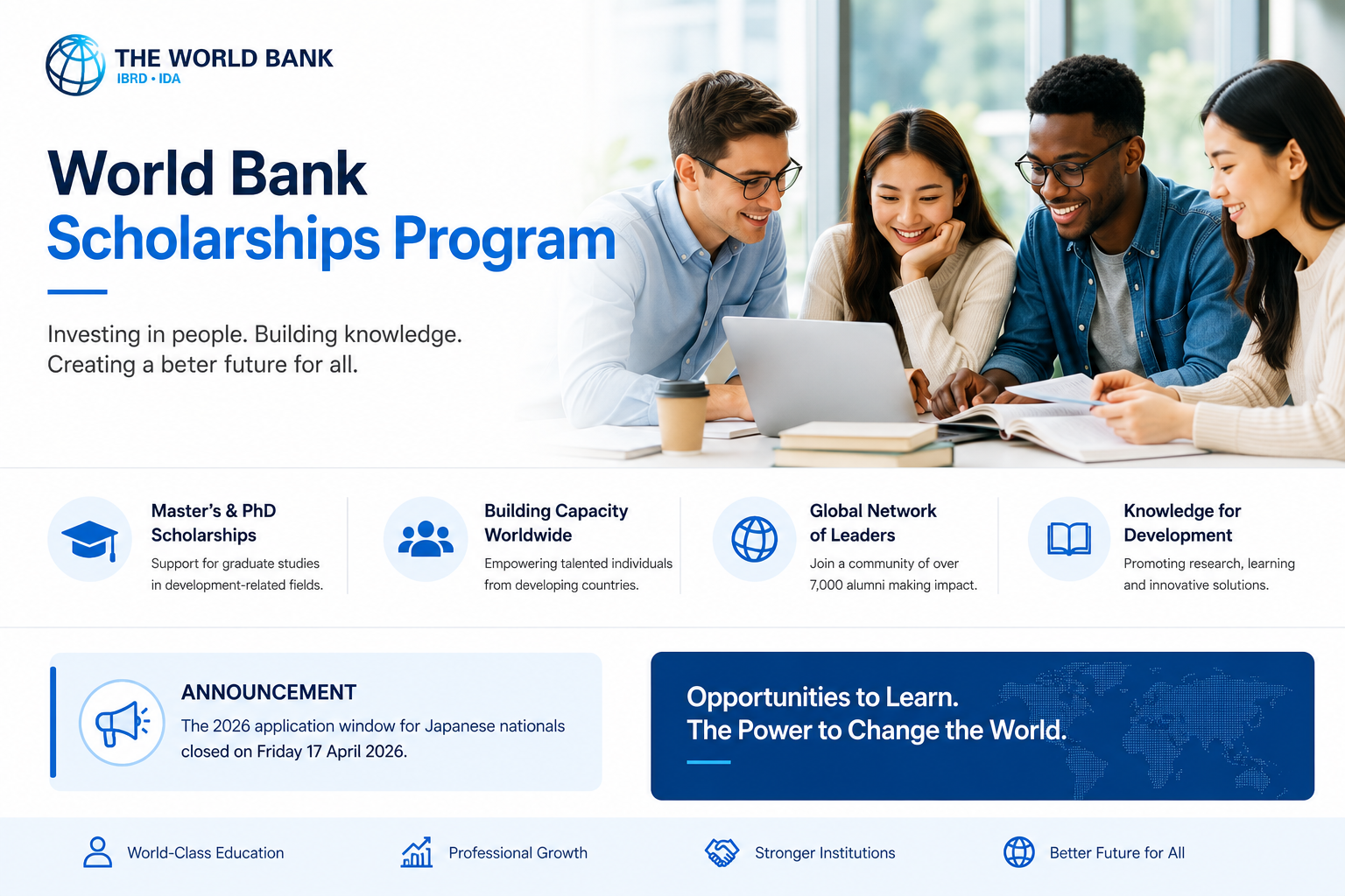 World Bank Scholarships 2026, fully funded scholarships 2026, World Bank graduate scholarship program, JJ/WBGSP 2026, Robert McNamara Fellowship Program, scholarships for developing countries, international scholarships 2026, World Bank fellowships, fully funded masters scholarships, scholarships for international students, development studies scholarships, World Bank education programs, graduate scholarships abroad, study abroad scholarships 2026, World Bank careers and scholarships.