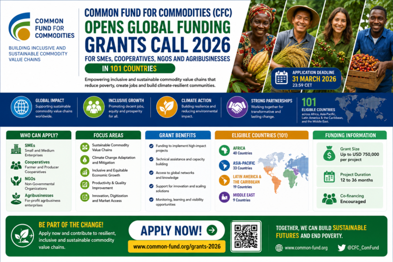 Common Fund for Commodities (CFC) Opens Global Funding Grants Call 2026 for SMEs, Cooperatives, NGOs and Agribusinesses in 101 Countries