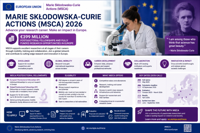 Marie Skłodowska-Curie Actions (MSCA) 2026 | €399 Million Postdoctoral Fellowships and Fully Funded Research Opportunities in Europe