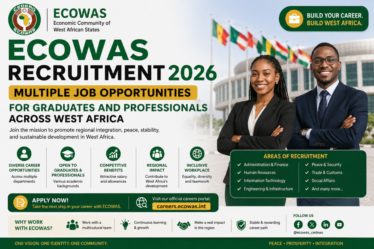 ECOWAS Recruitment 2026: Multiple Job Opportunities for Graduates and Professionals Across West Africa