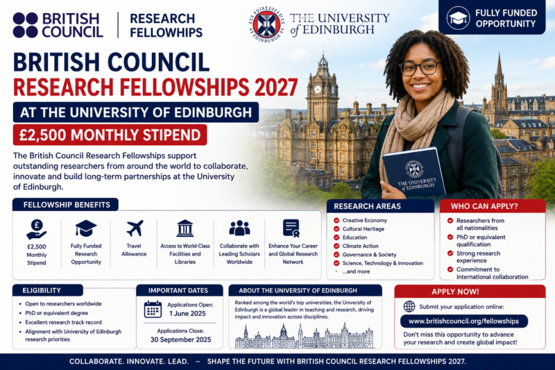 Fully Funded British Council Research Fellowships 2027 at the University of Edinburgh (£2,500 Monthly Stipend)