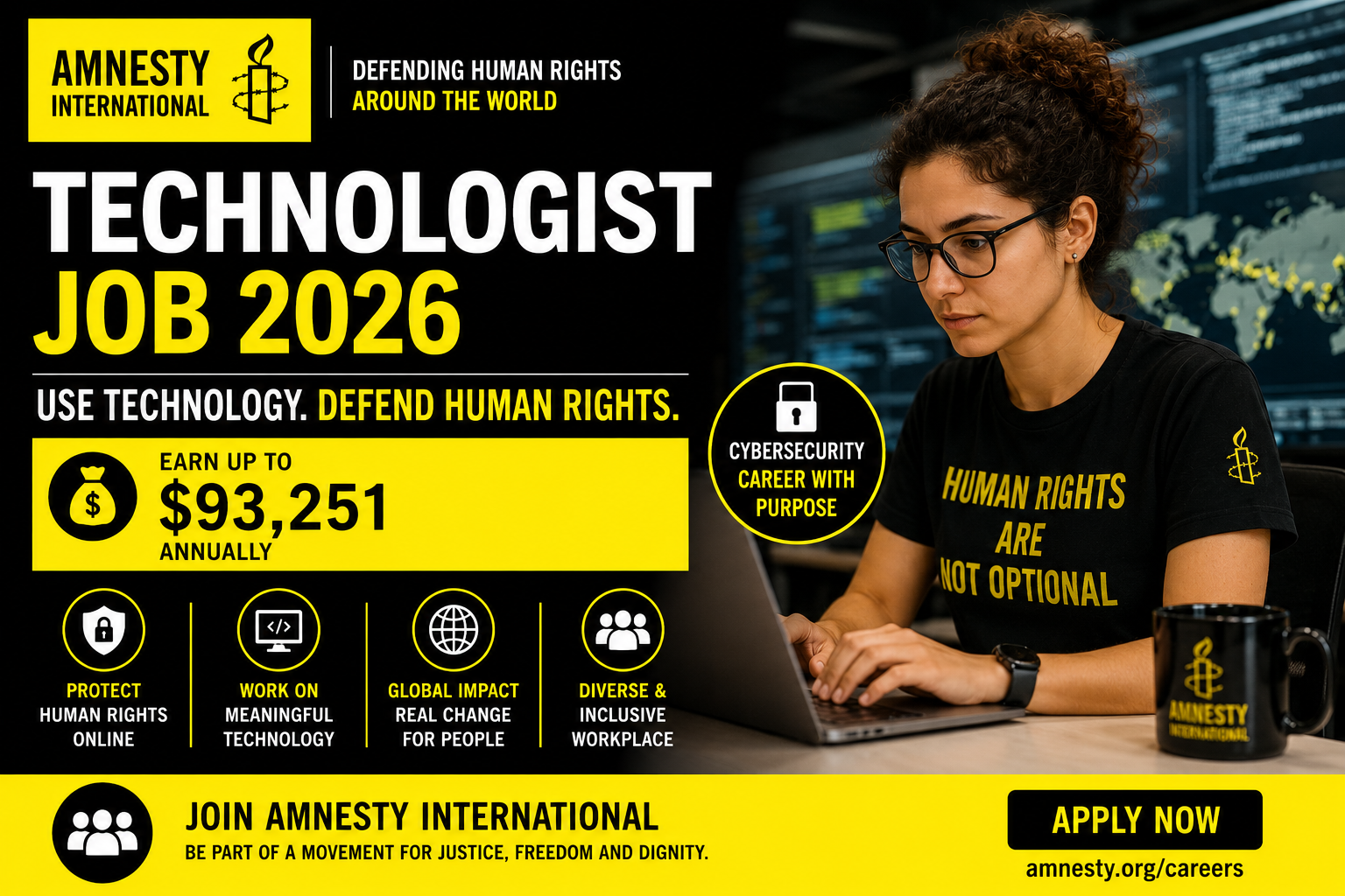 Amnesty International Technologist Job 2026 | Human Rights Cybersecurity Career Paying Up to $93,251 Annually. APPLY NOW!