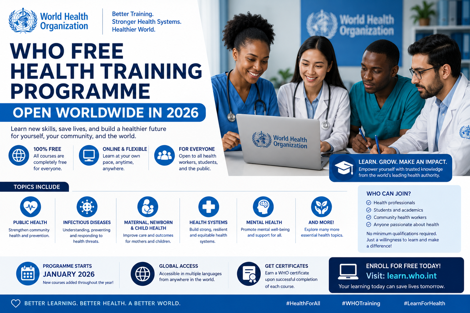WHO Free Health Training Programme Open Worldwide in 2026 | Earn Global Health Skills and Free Certificates