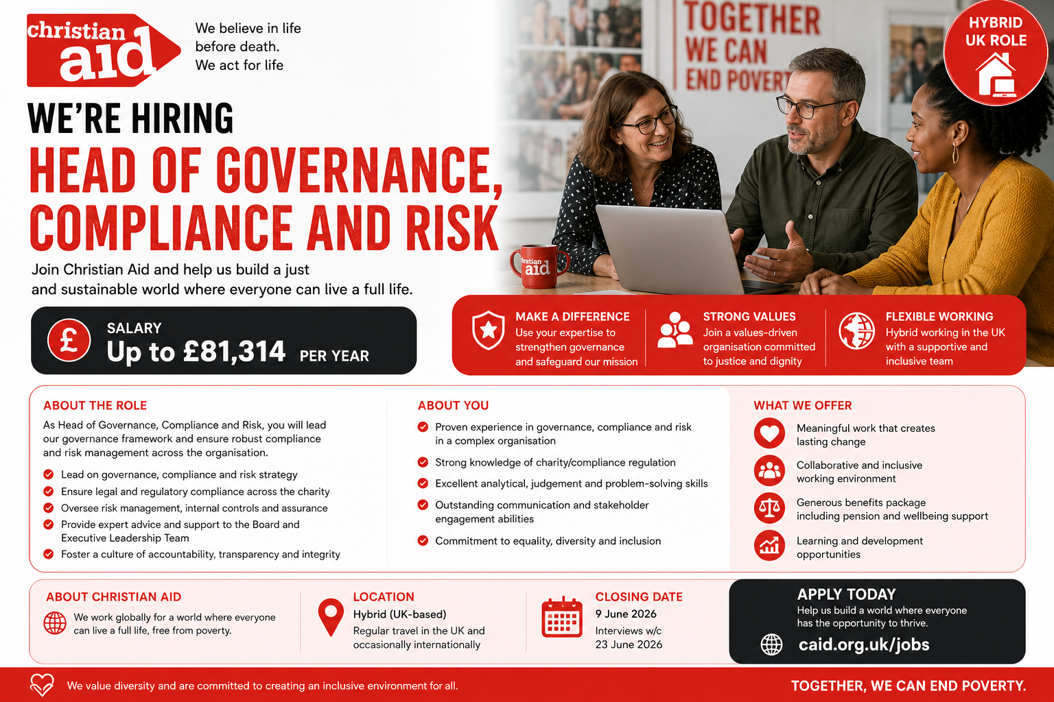 Christian Aid Head of Governance, Compliance and Risk Job 2026 (Hybrid UK Role) – Salary Up to £81,314 Per Year
