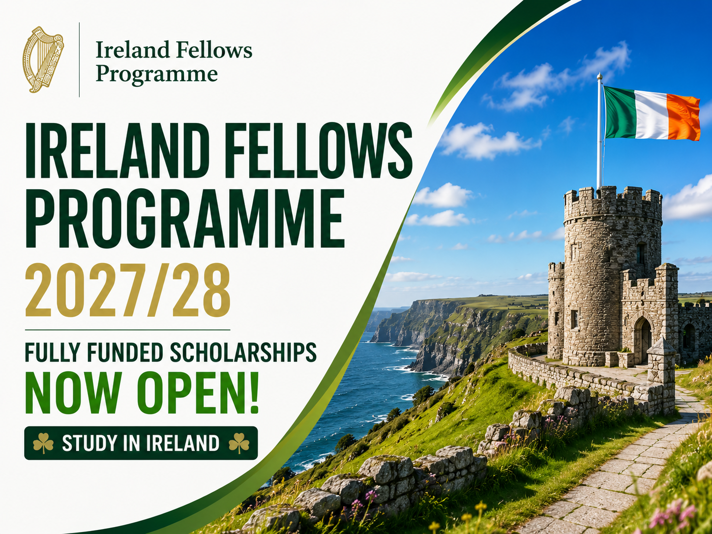 Ireland Fellows Programme 2027/28 Fully Funded Scholarships Now Open | Study in Ireland for One Year