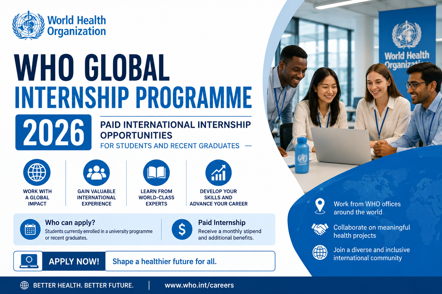 WHO Global Internship Programme 2026 | Paid International Internship Opportunities for Students and Recent Graduates