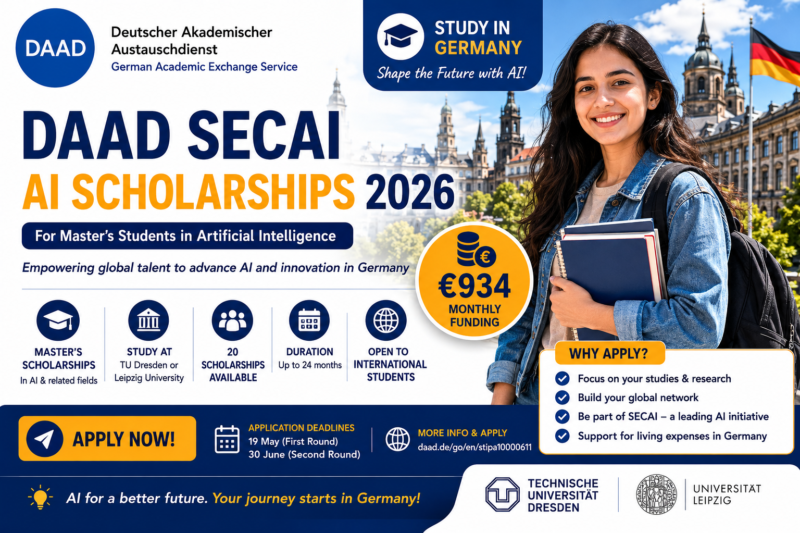 DAAD SECAI AI Scholarships 2026 in Germany | €934 Monthly Funding for International Master’s Students. Apply!