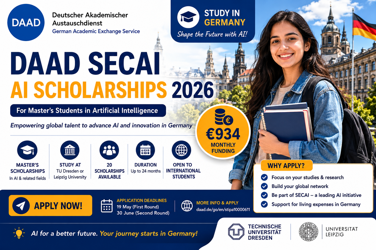 DAAD SECAI AI Scholarships 2026 in Germany | €934 Monthly Funding for International Master’s Students. Apply!