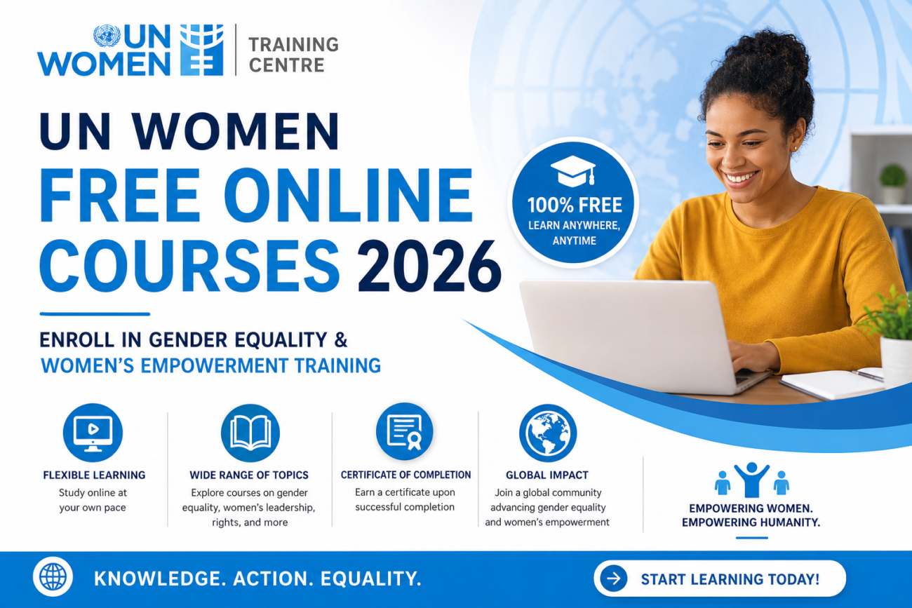 📢 **UN Women Free Online Courses 2026 | Enroll in Gender Equality & Women's Empowerment Training** **UN Women** is offering **free online courses** in 2026, providing learners worldwide with the opportunity to strengthen their knowledge of gender equality, women's empowerment, human rights, leadership, and inclusive development through flexible self-paced learning. 🧾 **Details** 📍 Location: Online 🔖 Type: Free Online Courses 💰 Cost: Free 🏆 Certificate: Available for selected courses 🎓 Eligible Applicants: Students, Professionals, Civil Society Organizations, Government Officials, Researchers, and Learners Worldwide 🌍 Develop practical skills in gender-responsive policymaking, women's leadership, ending violence against women, human rights, sustainable development, and gender mainstreaming through expert-led online training designed for a global audience. 🔗 Apply now ➕ Not fit for this opportunity? Check Vacancy Bridge 📲 Join our WhatsApp Channel for daily opportunities: https://whatsapp.com/channel/0029Vakee9aHFxOyCIBPJA0o 𝗣𝗼𝘀𝘁 𝗗𝗶𝘀𝗰𝗹𝗮𝗶𝗺𝗲𝗿: Vacancy Bridge is a content platform sharing verified opportunities. We are not the course provider. Please follow the official UN Women learning platform provided in the article to enroll. #UNWomen #FreeOnlineCourses #GenderEquality #WomensEmpowerment #HumanRights #Leadership #ELearning #FreeCertificate #SustainableDevelopment #Learning2026