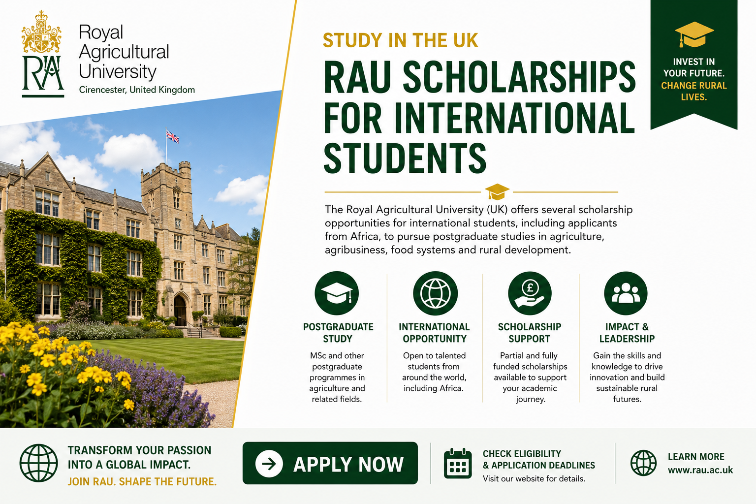 Royal Agricultural University (UK) Scholarships 2027 Open for International Students | Agriculture & Food Systems Postgraduate Funding