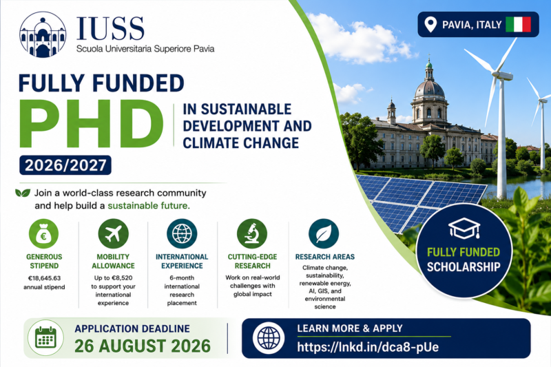Fully Funded PhD in Sustainable Development and Climate Change 2026/2027 at IUSS Pavia, Italy