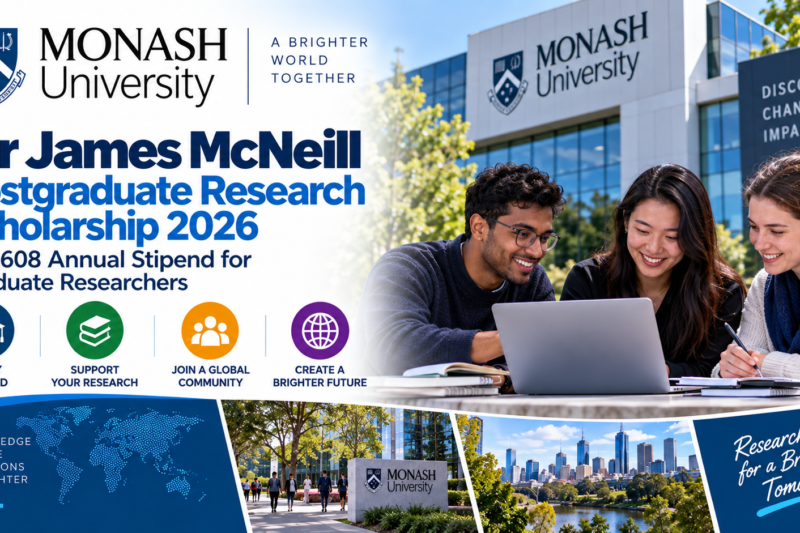 Monash University Sir James McNeill Postgraduate Research Scholarship 2026: $53,608 Annual Stipend for Graduate Researchers